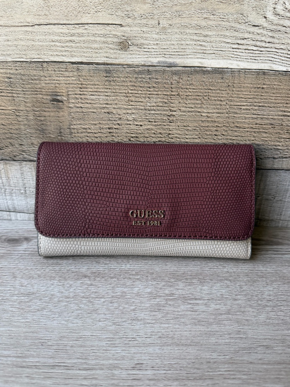GUESS Burgundy Gold Reptile Textured Continental Long Wallet NWOT